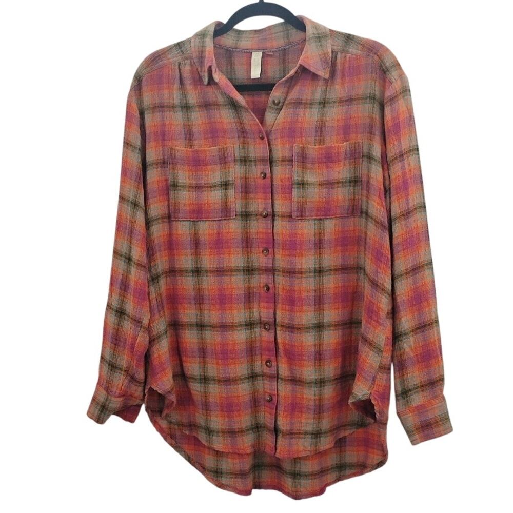 Antropologie Pilcro Relaxed Plaid Shirt Gauze Pink Orange Oversized Size Small